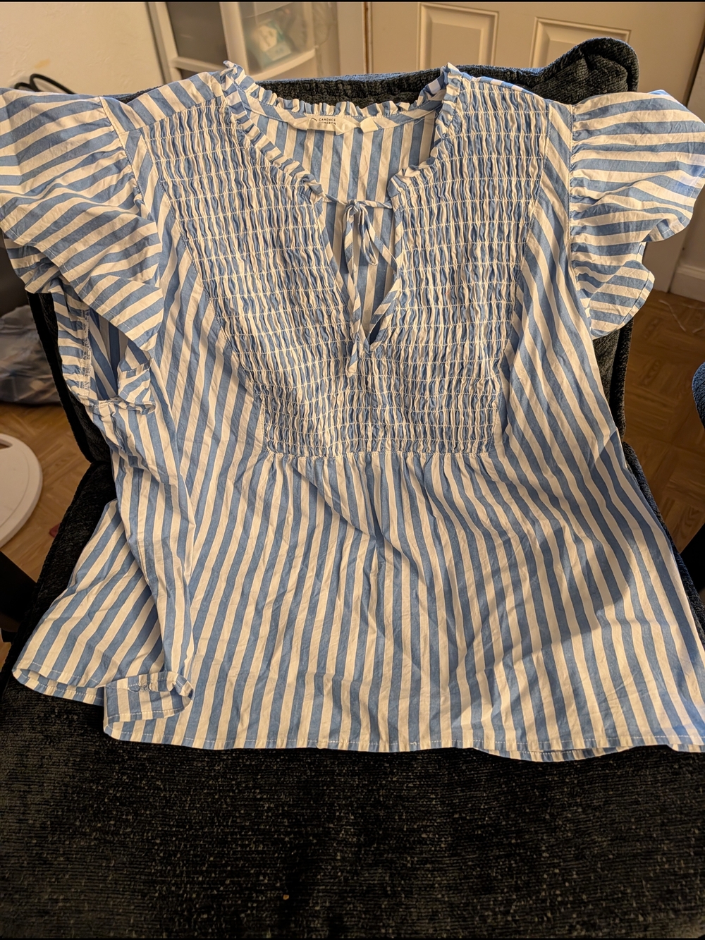 Candace Cameron Bure Blue and White Striped Smocked Top